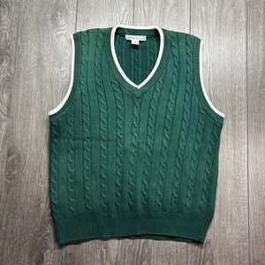 Vintage Izod Club Mens Medium Green Cable Knit V-Neck Sweater Vest Cotton Preppy
